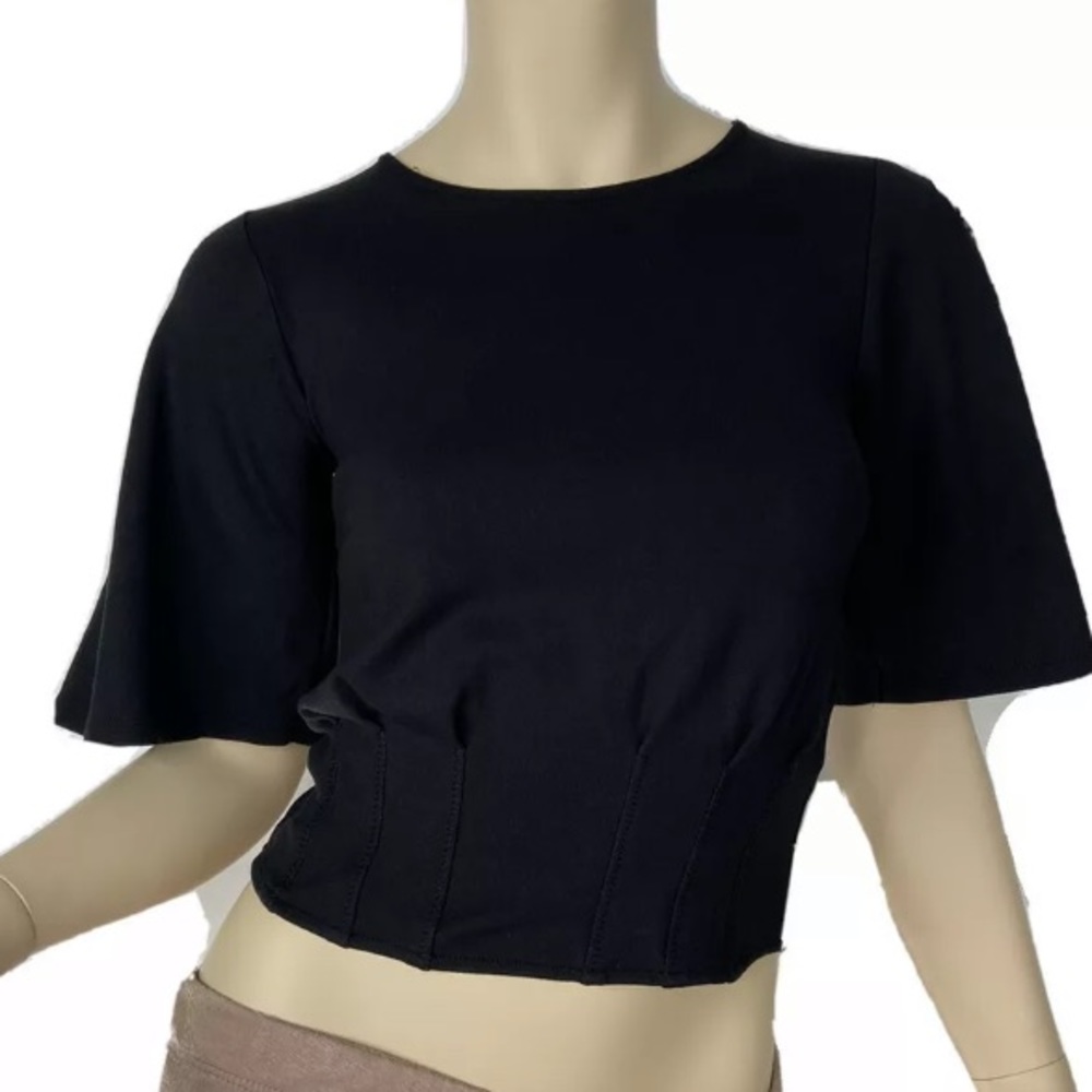 Karen Millen Flutter Sleeve Crop Top Solid Black